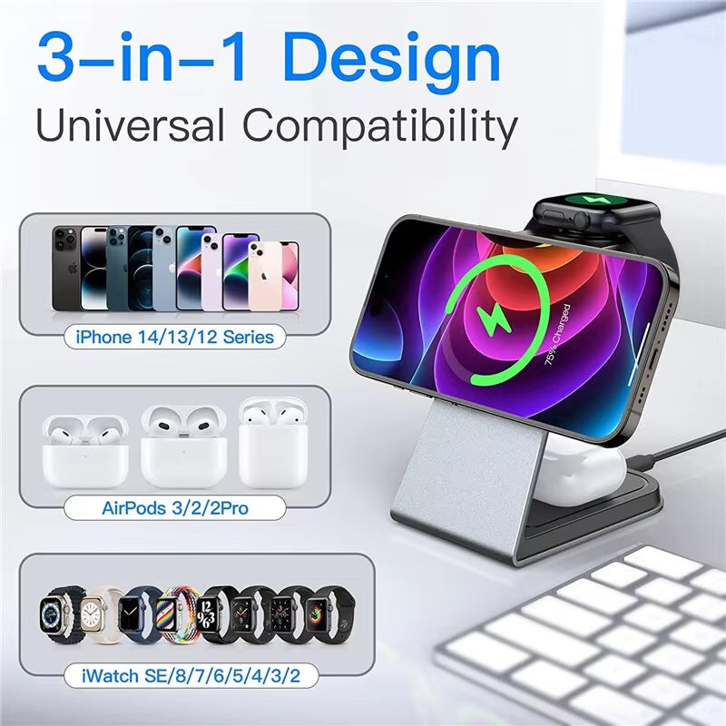 3 in 1 Magnetic Wireless Charger Stand Transparent for Iphone 12 13 14 Pro Max Apple Watch Airpods Fast Charging Dock Station