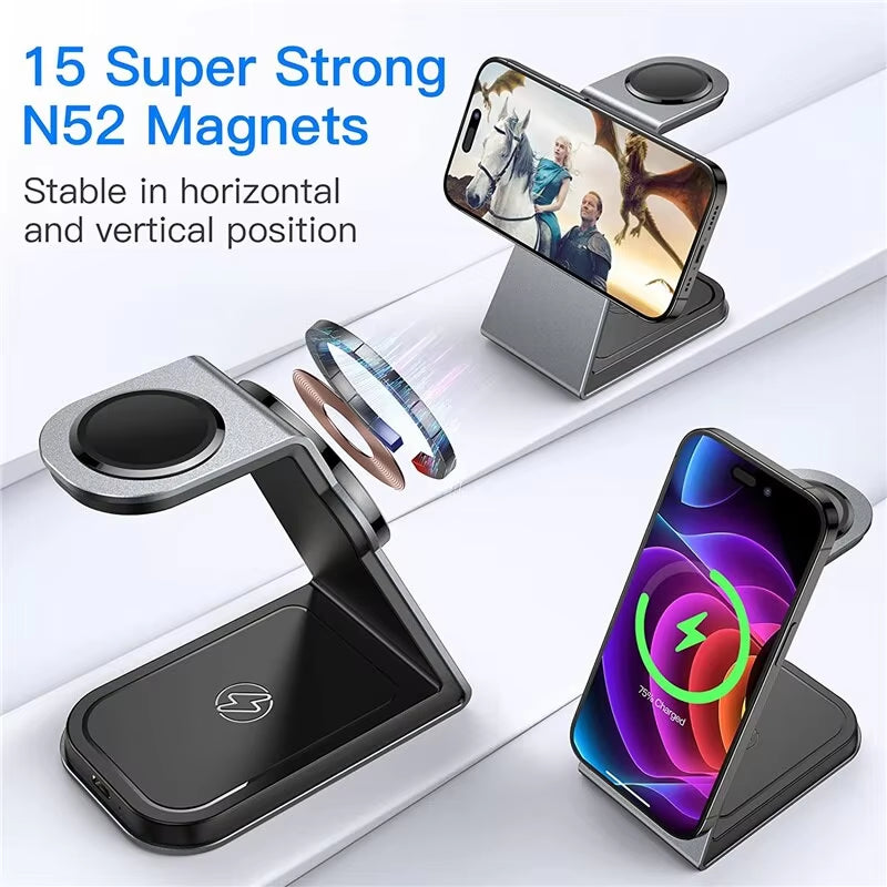 3 in 1 Magnetic Wireless Charger Stand Transparent for Iphone 12 13 14 Pro Max Apple Watch Airpods Fast Charging Dock Station