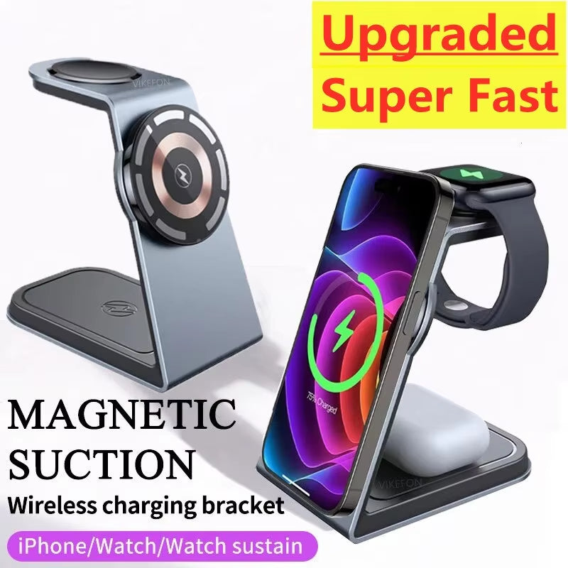 3 in 1 Magnetic Wireless Charger Stand Transparent for Iphone 12 13 14 Pro Max Apple Watch Airpods Fast Charging Dock Station